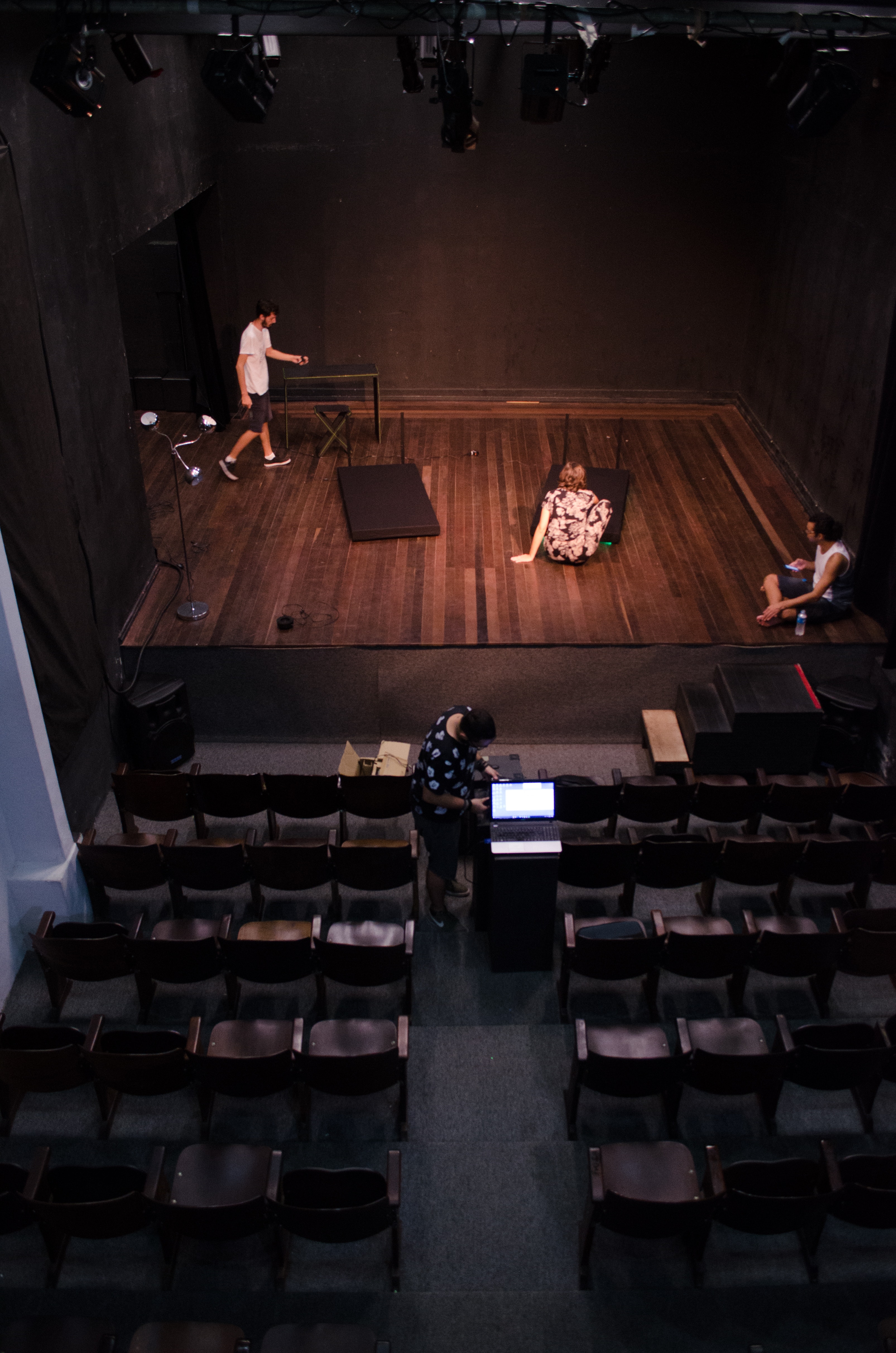 Actors preparing for a rehearsal of a play.